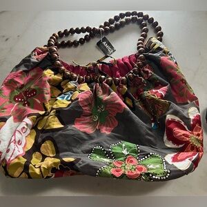 Amici Bohemian Style Floral Cloth Shoulder Bag With Wooden Beaded Handle NWT